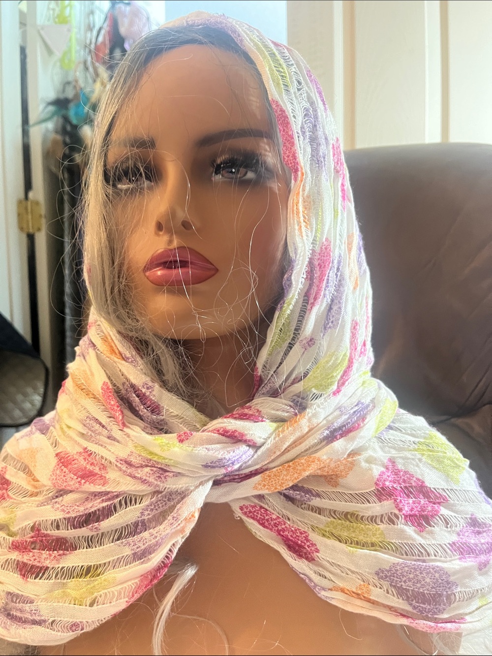 Lightweight White Infinity Scarf  Pink, Purple & Lime Floral Accents S173